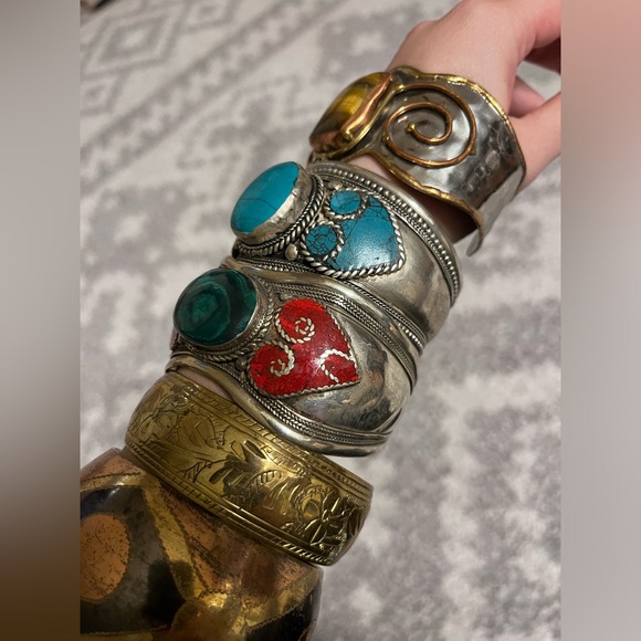 5 Native american jewelry bracelet Bundle Turquoise Bronze Stone Red Cuff Green. - Picture 4 of 11